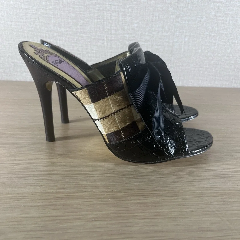 Hale Bob Pony Hair Plaid Patent Leather Mule Heels Bow Peep Toe 10 CityCore - Picture 3 of 14
